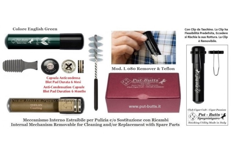 Put - Butts Spegnisigaro Made in Italy. Modello L 080 English Green Interno in TEFLON Lubrificante e Capsula Blot Pad 6 mesi. Put - Butts Spegnisigaro Made in Italy. Modello L 080 English Green Interno in TEFLON Lubrificante e Capsula Blot Pad 6 mesi.
